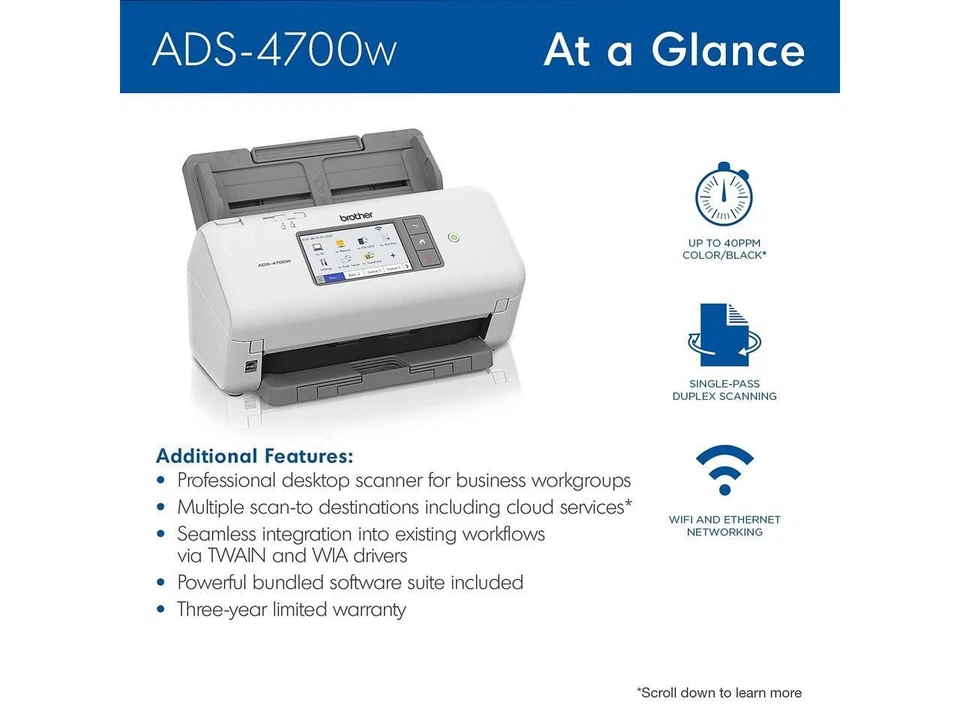 Brother ADS4700W Dual CIS 600 x 600 dpi Sheet Fed Professional Desktop Scanner - Image 4 of 4