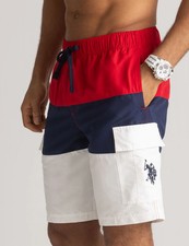 U.S. POLO ASSN. Tri-Colorblock Cargo Swim Trunks, ENGINE RED Color CHOICE SIZE