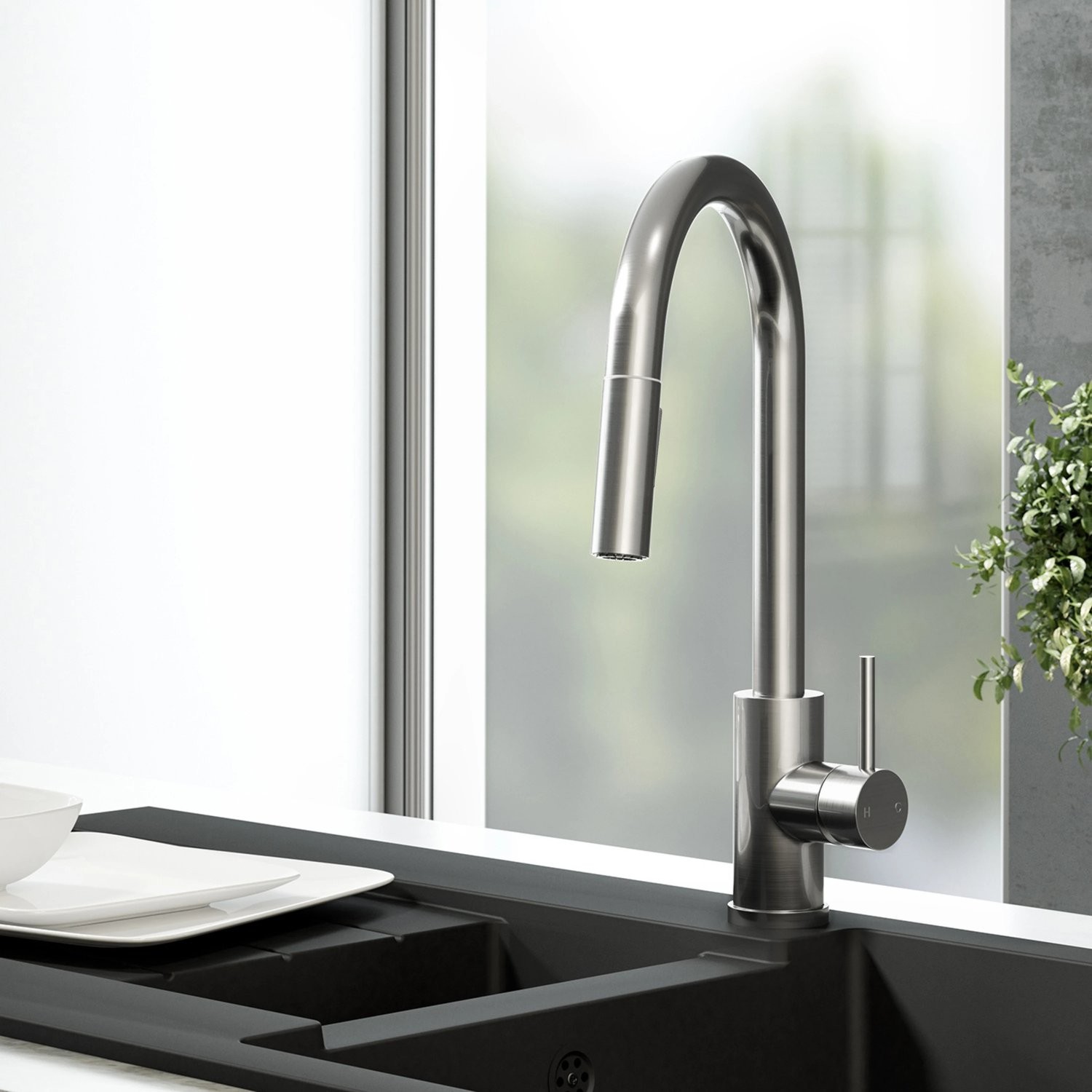 Sauber Baden Pull Out Kitchen Tap with Dual Spray & Single Lever - Brushed Steel
