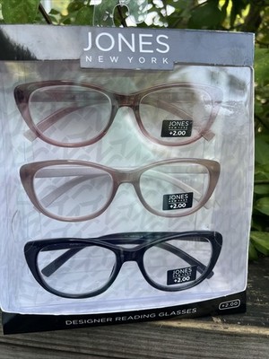 NIB JONES NEW YORK DESIGNER GLASSES 3 PAIR, BLACK , TAN & PINK +2.00