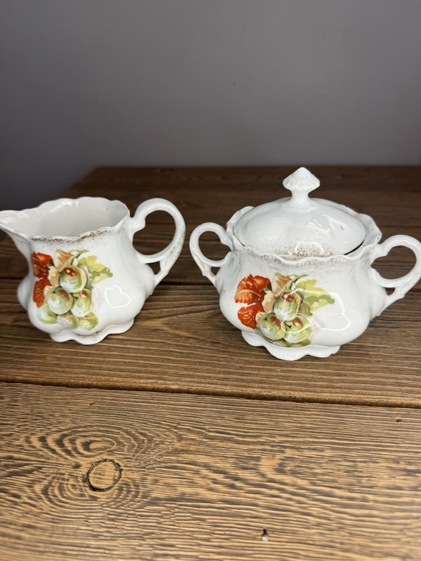 Vintage Porcelain Cream Sugar Set Fruit Grapes Motif Gold Trim Excellent