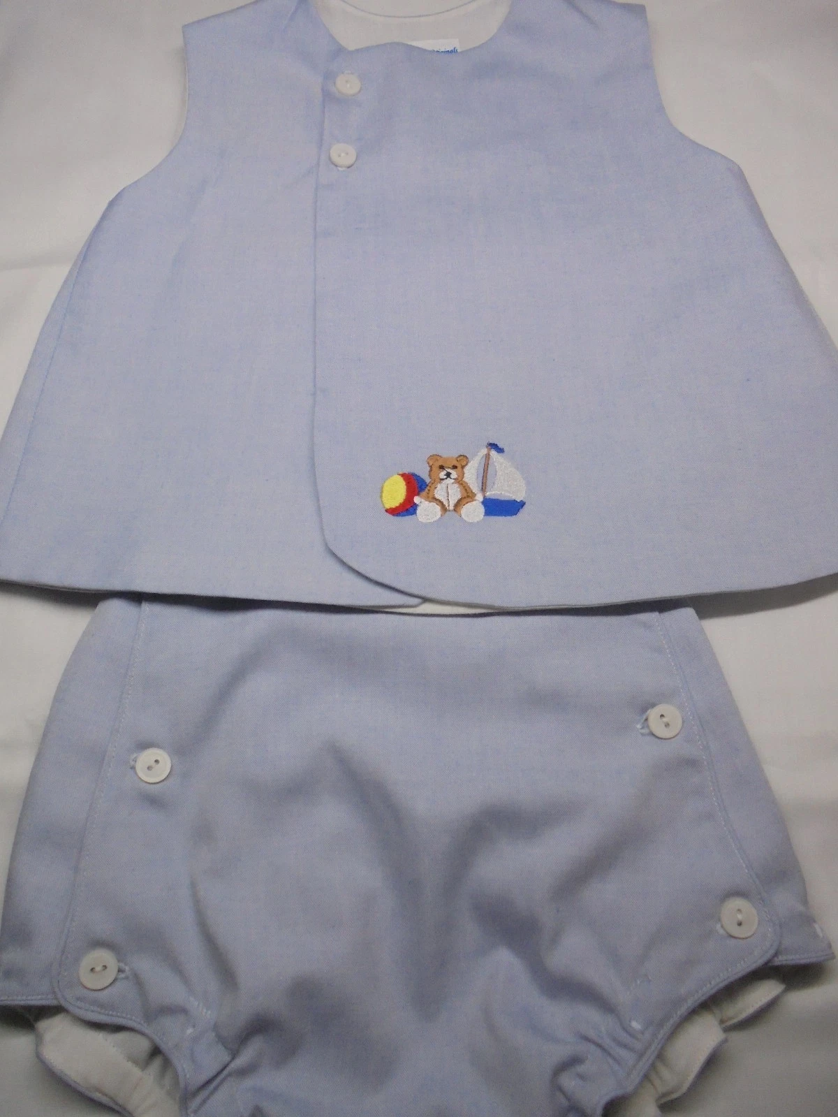 6 Month /15-18 lb.-Baby Outfit-Embroidered “Teddy/Boat/Ball" Top/Diaper Cover