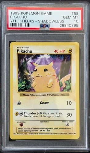 Pokemon Shadowless Pikachu Yellow Cheeks 058/102 -PSA 10 GEM MINT - Base Set