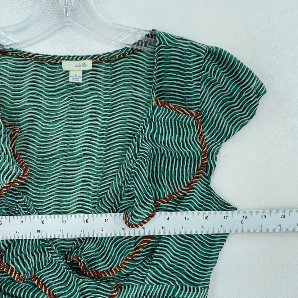 Anthropologie Odille Womens Silk Top Size 8 Green Ruffle V-Neck Peplum Boho - Image 4 of 4