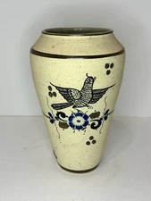 Tonala Vase Mexico Folk Art Pottery Bird Flowers Hand Painted Signed VINTAGE 7.5