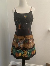 NEW BLACK SPAGHETTI STRAP HAWAIIAN MUUMUU HULA DRESS TIKI BAR PRINT SIZE SMALL