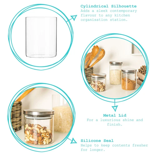 3x Pot de Rangement en Verre avec Couvercles en Métal Cuisine Moderne Stockage Alimentaire 750ml Argent - Photo 2/7