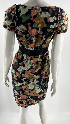 Moulinette Soeurs Pittore Dress Sz 4 Black Peach Green Ruched Sleeve Sheath Zip - Picture 5 of 7