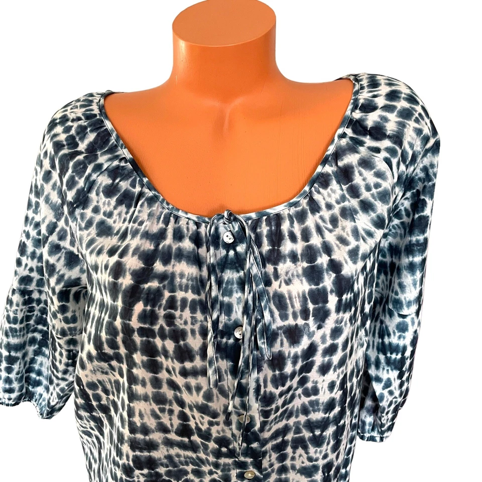 Colección NY Talla XL Azul Blanco Corbata Teñida Mezcla Seda Manga 3/4 Botones Cuello Redondo Foto 2 de 4