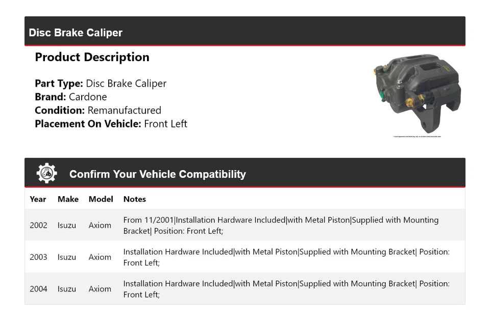 Pinza de freno de disco delantera izquierda Cardone 2003 Isuzu Axiom 2002-2004 Foto 2 de 4