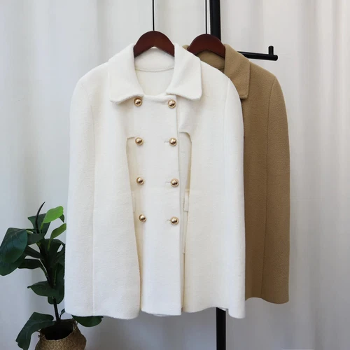 Damen Poncho Zweireiher Schlitz Ärmel fließend Wollmischung Elegant Cape Umhang Coa - Bild 43 von 47