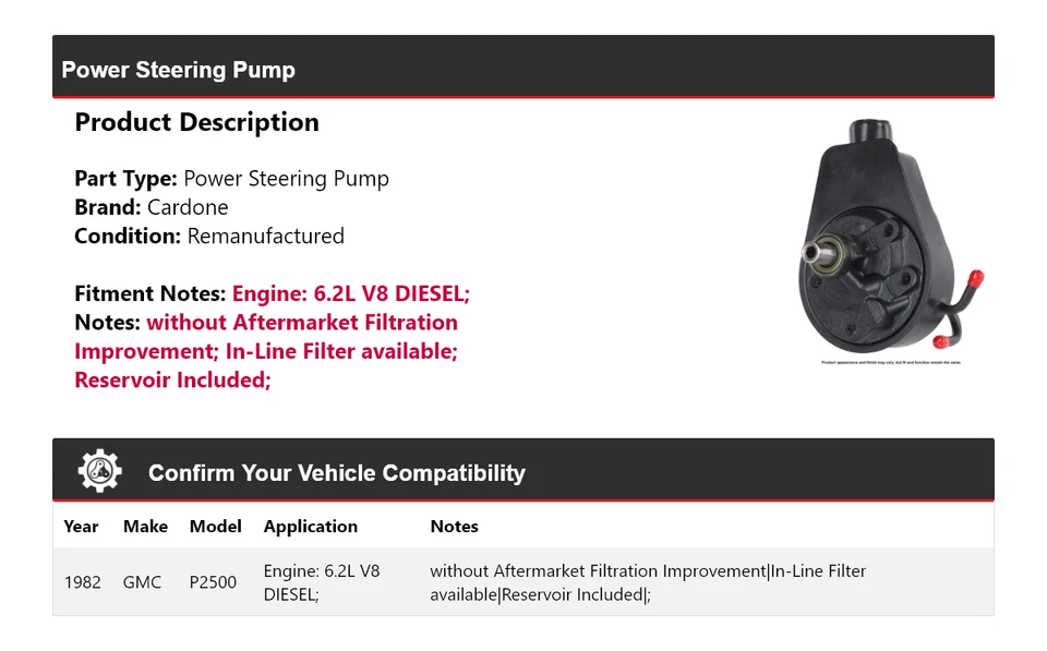 Bomba de dirección asistida de cartón para GMC P2500 1982 6,2 L V8 diésel Foto 2 de 4
