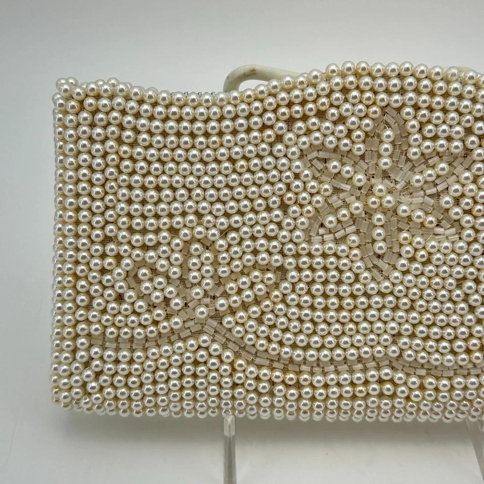 Bolso sin asas de noche con cuentas marfil de colección forro satinado fiesta formal 8" hecho en Japón Foto 2 de 4