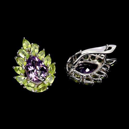 925 Sterling Silver Earrings Pear Amethyst 10x8mm Peridot Gemstone Jewelry - Picture 3 of 13