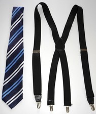 BLUE STRIPE NECKTIE AND BLACK SUSPENDERS LOT