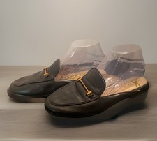 SAM EDELMAN Mules Loafers Flats Black Leather Gold Horsebit Slip-on Sz 7M LAURNA