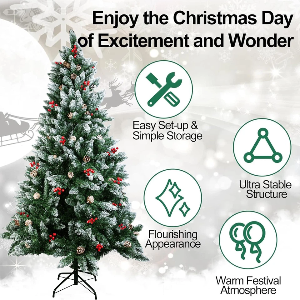 Árbol de Navidad de 5/6/7 pies con luces conos de pino en copos de nieve y bayas rojas árbol de Navidad Foto 4 de 4