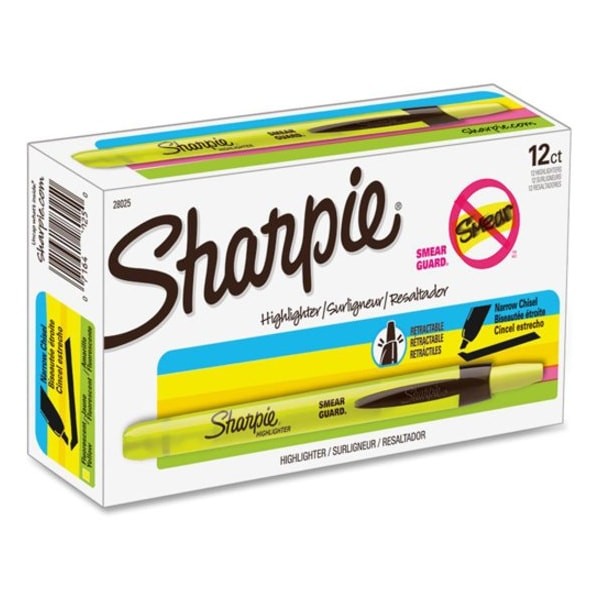 Sharpie 28025 Retractable Highlighter, Micro Chisel Tip Fluorescent Yellow Pk12