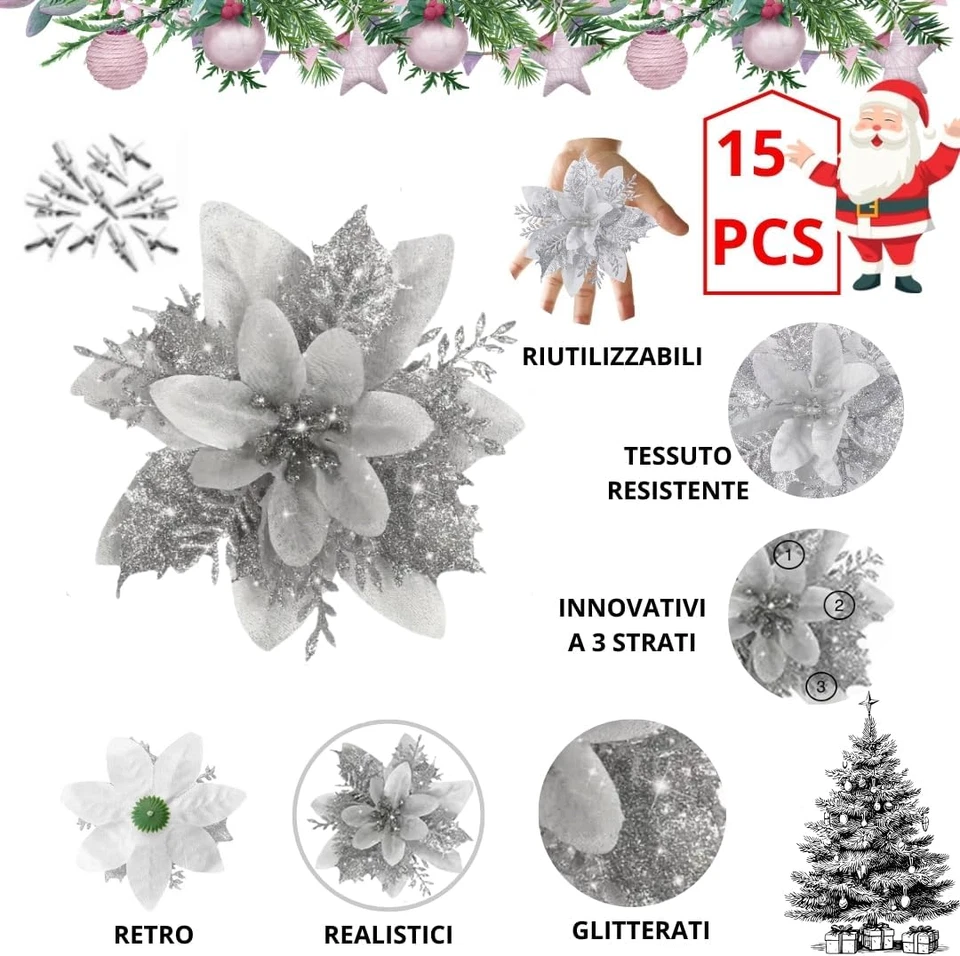 15 Fiori Albero Di Natale Argento, Fiori Grandi per Albero Di Natale Diametro 14 - Immagine 2 di 4