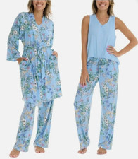 Flora Nikrooz Womens 3pc Pajama Set Blue Floral Robe Tank Pants XL