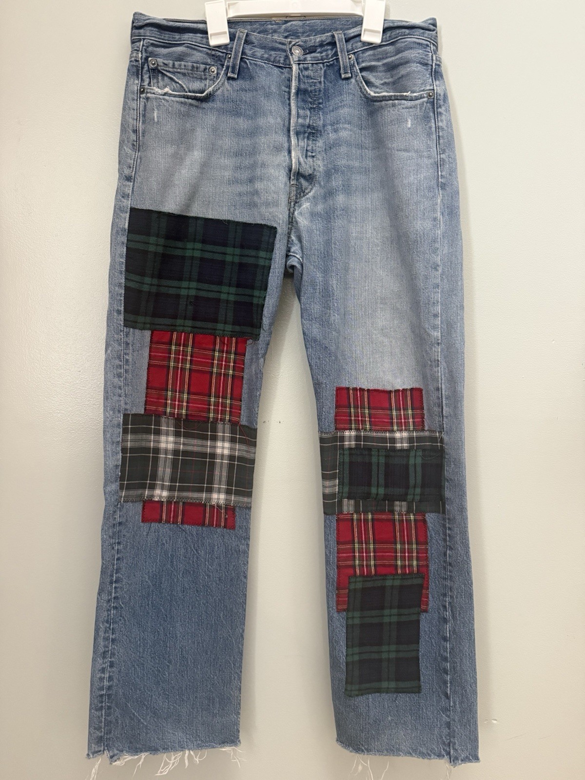 Levis 501 Custom Plaid Patchwork Denim Jeans 33x3… - image 1