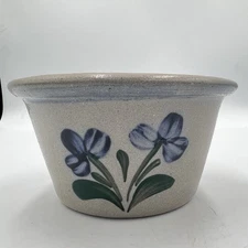 Rowe Pottery Works Crock Bowl Hand Painted Blue Floral Stoneware 1997 Wisconsin