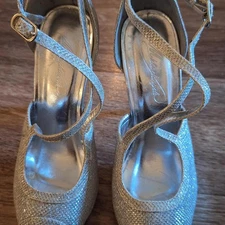 Elegant Silver Glitter High Heels with Ankle Strap