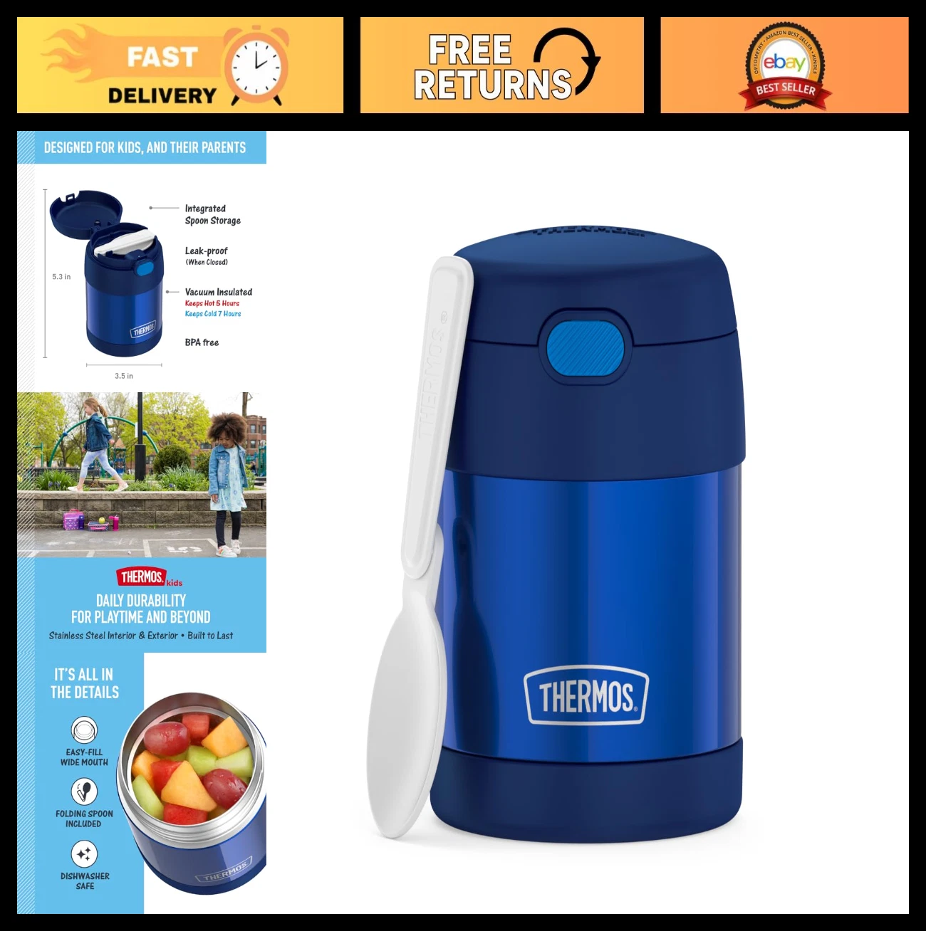 Insulated Kids Food Jar 10oz Stainless Steel Vacuum with Folding Spoon - Navy
Opens in a new window 