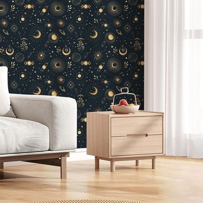 Celestial Wallpaper Peel and Stick, Gold Stars, Moons, Suns, and Planets Wallpap
