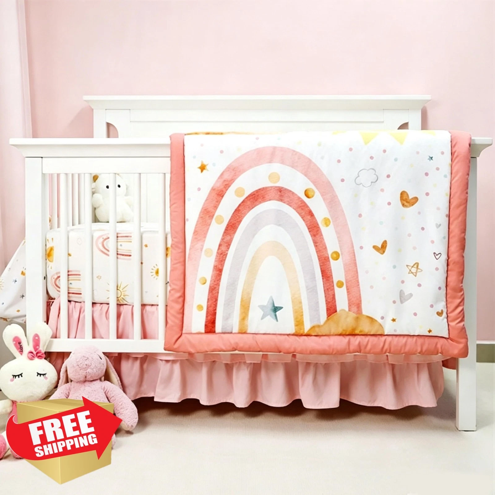 CARULLI Crib Bedding Set Pink Rainbow 4-Piece
