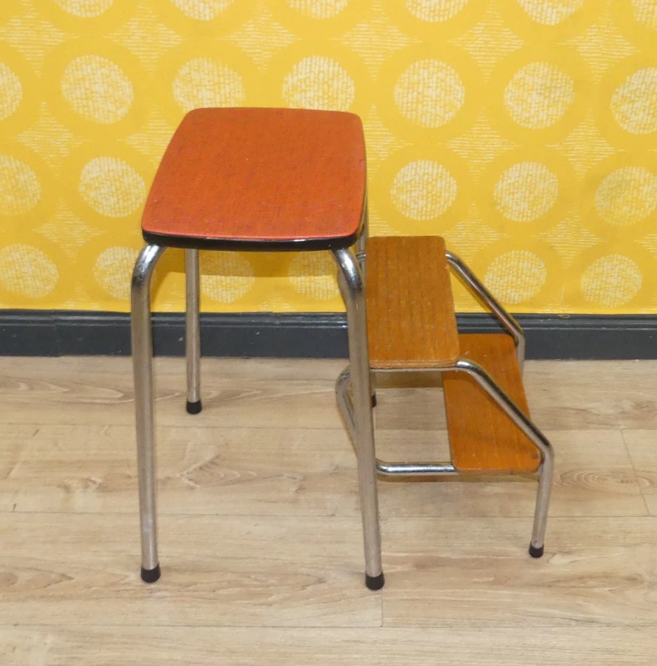 Vintage 50er Jahre Hocker rot meliert Klapptritt Leiter Metall und Holz Tritt - Bild 3 von 4