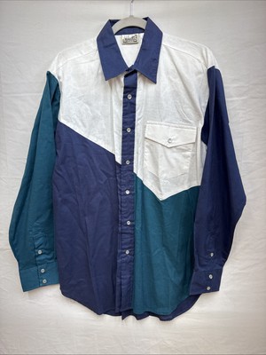 Vtg Express Rider Sz Med Men s Blue Green White Color Block Western Shirt