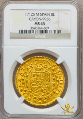 SPAIN 1712 GOLD 8 ESCUDOS FINEST KNOWN DOUBLOON COIN TREASURE