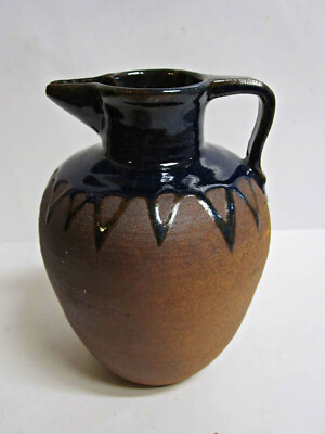 Pottery Art Studio Stoneware Pitcher Cobalt Blue Glaze Brown Signed John Weller