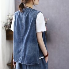 Lady Denim Waistcoat Vest Gilet Sleeveless Coat Jacket Distressed Cardigans Blue