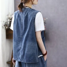 Lady Denim Waistcoat Vest Gilet Sleeveless Coat Jacket Distressed Cardigans Blue