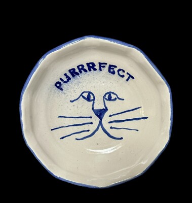 Ceramic Trinket Dish With Cute Cat Motif Signed