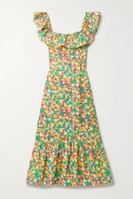 RIXO June Ruffled Printed 80s Micro Shell Cotton Midi Dress Size XS UK 8