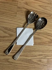Sheffield England Berry Salad Servers Set Silver Plated Spoon and Spork 9” RARE