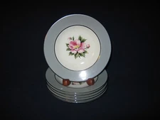 SIX {6} HOMER LAUGHLIN CAVALIER EGGSHELL BREAD & BUTTER PLATE-GRAY WITH RED ROSE
