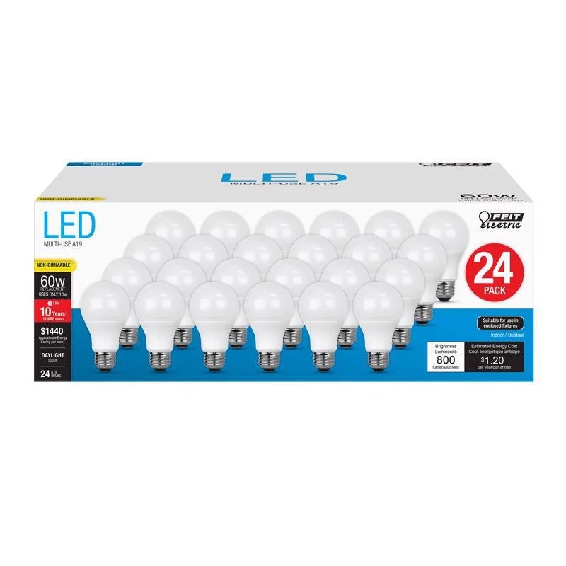 Feit Electric acre A19 E26 Medium LED Bulb Daylight 60 Watt Equivalence 24 pk