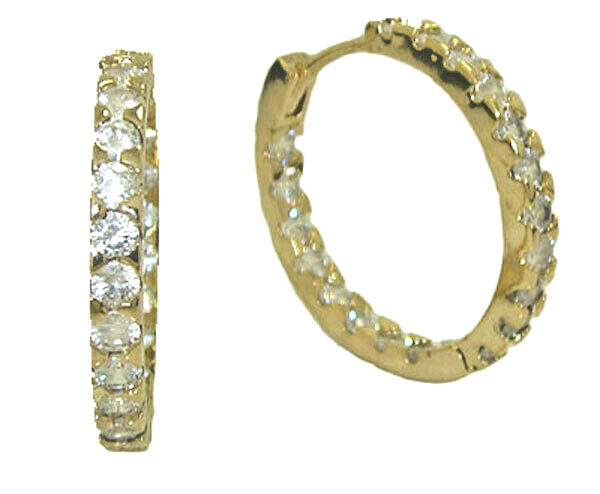 18kt White or Yellow Gold CZ Eternity Hoop Huggie Earrings In Out Stones-image