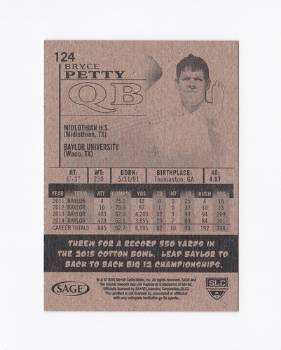 2015 SAGE HIT #124 Bryce Petty RC Baylor Bears New York Jets - Picture 2 of 2