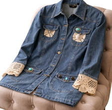 New Directions Denim Jacket Lace Crochet Turqoise Women 12