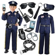 Police Officer Costume for Kids, Cop Costume Outfit Set L 8-10Y Silver Cap