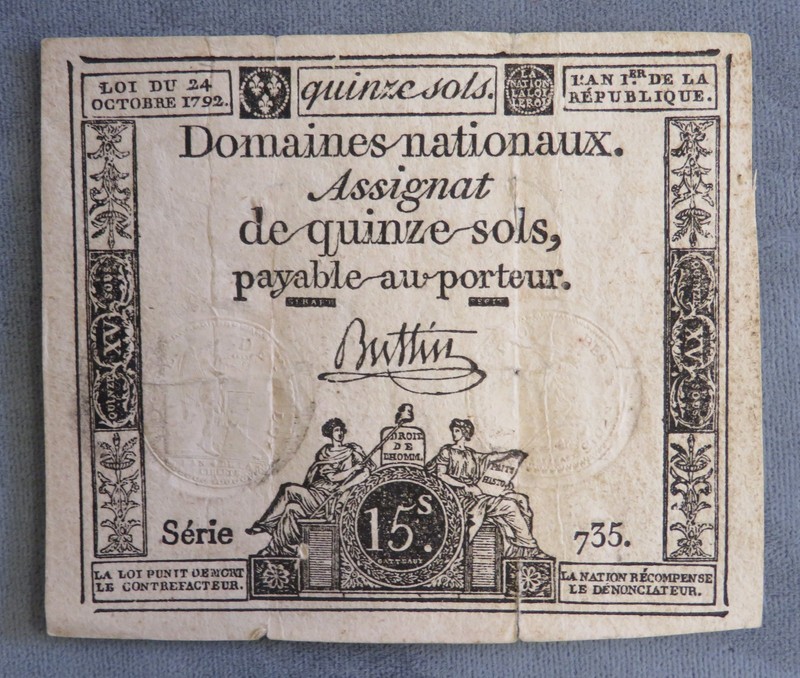 1792 France Assignat 15 Sols, French Revolution Banknote. Stained, Torn inv# 257