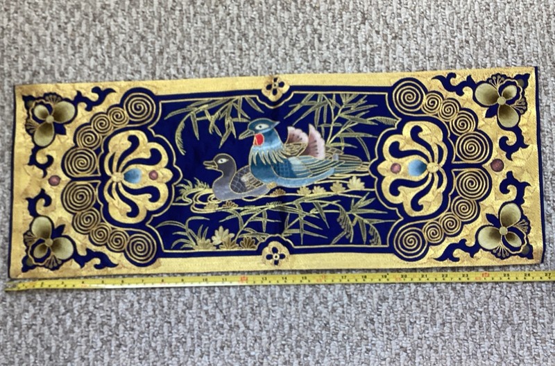 Vtg Chinese Silk Embroidery Art Panel Bird 26 3/4” X 10”