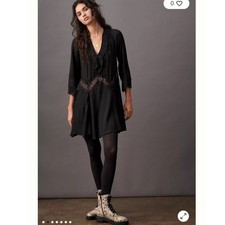 Free People Cynthia Lace Ruffle V-Neck Mini Dress Pleated Bell Sleeve Boho M