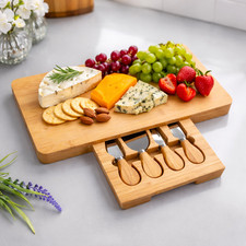 Bamboo Cheese Board Set Serving Platter With Knives Slide Out Drawer Tray Gift