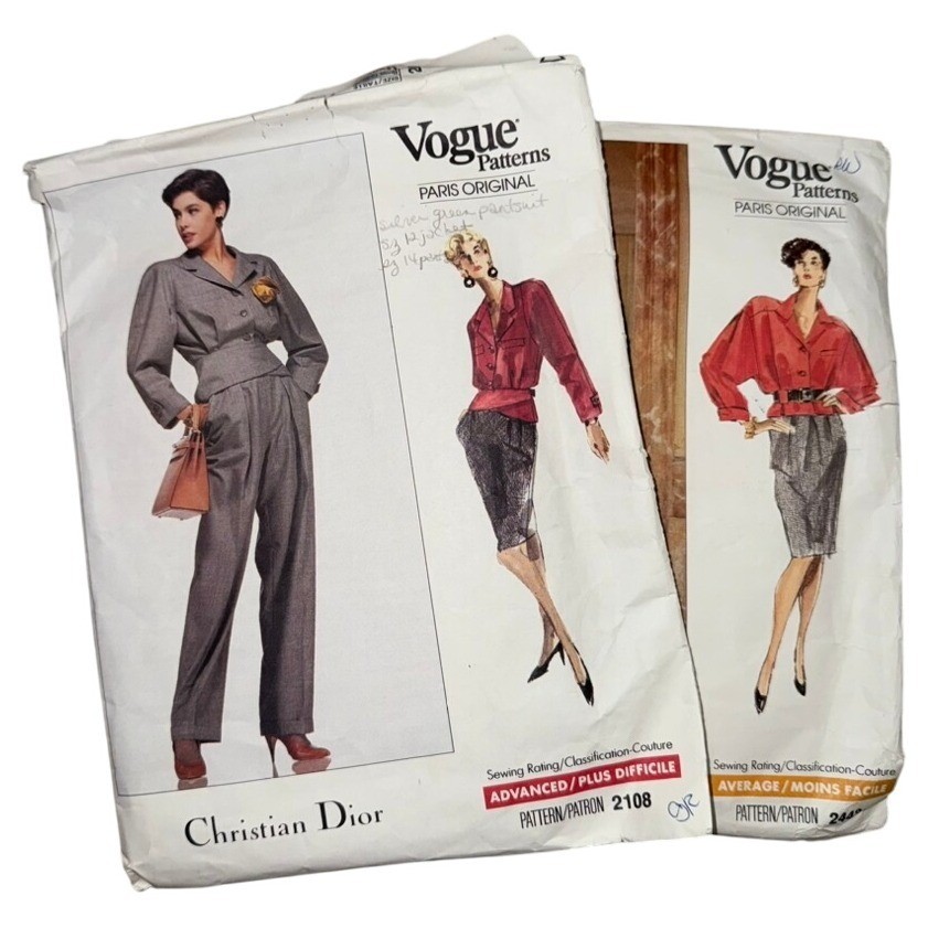 Set of 2 80s Vogue Christian Dior 2108 2448 Pattern Jacket Pants Skirt sz12-16